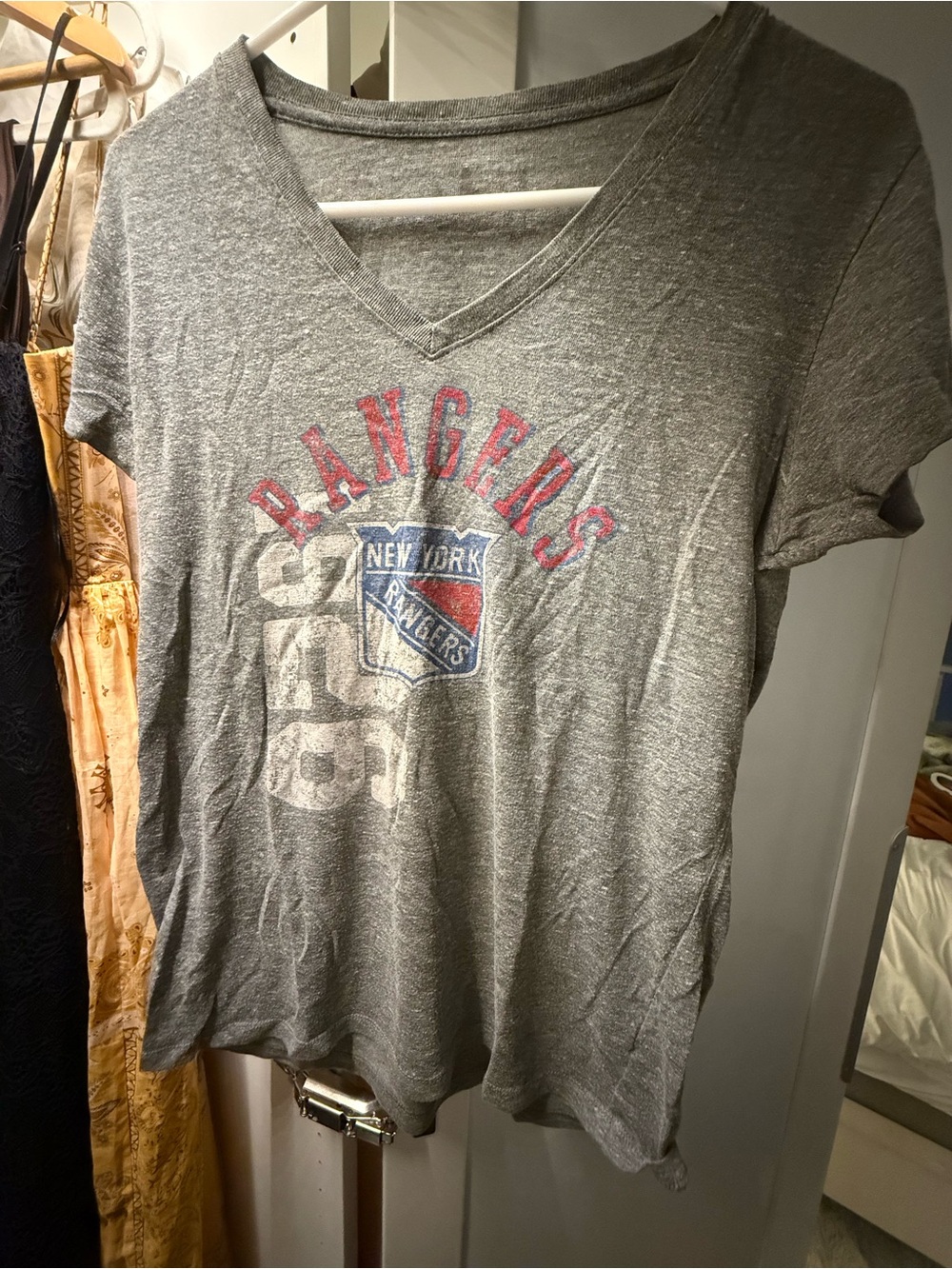 New York Rangers Gray V-Neck Tee with Red & Blue Logo